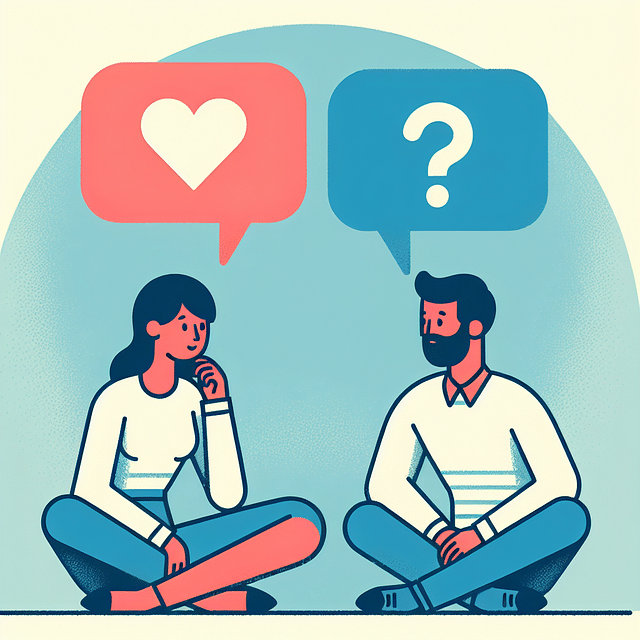 two people having a conversation with speech bubbles containing hearts and question marks