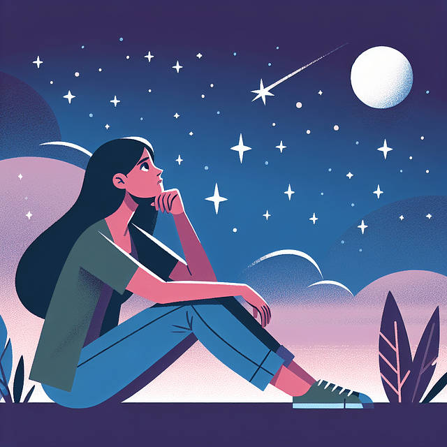a woman in contemplation under a starry sky