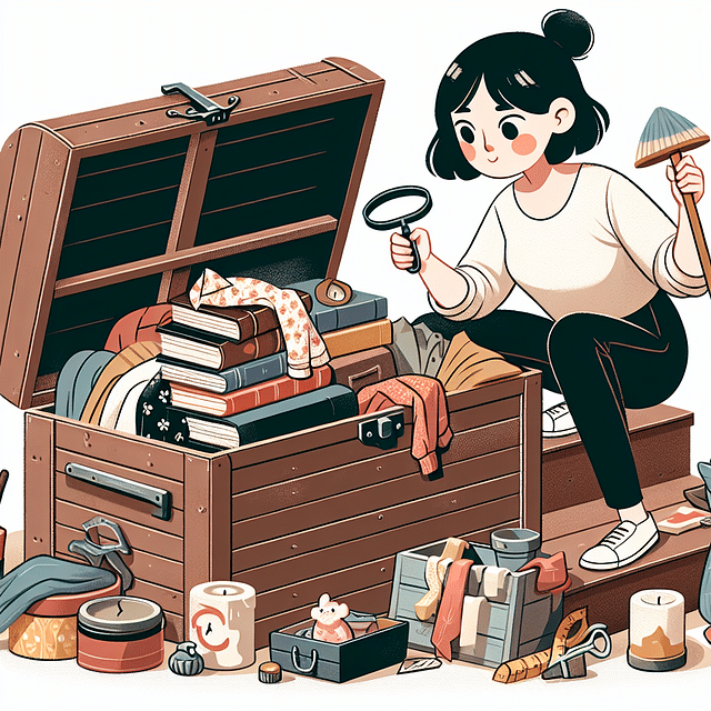 a person sorting through a chest of various items, discarding some and keeping others