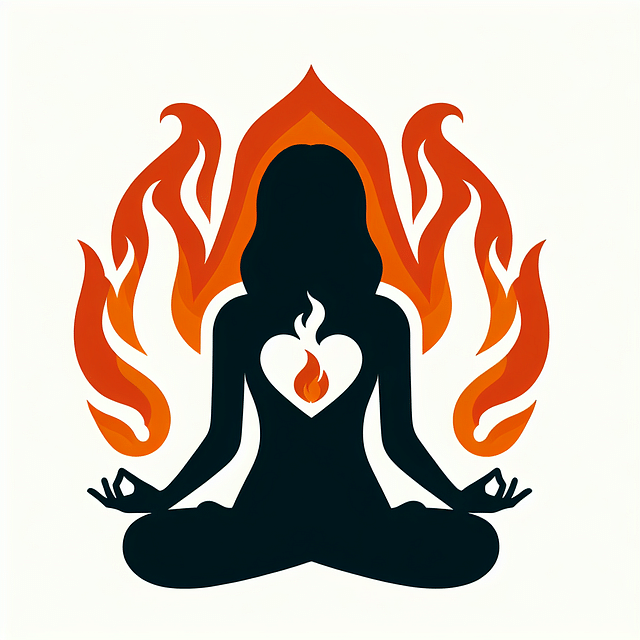 a silhouette of a person meditating with a heart-shaped fire within them