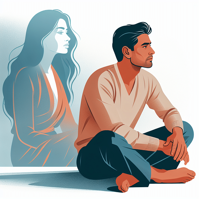 a thoughtful person with a ghostly image of a past lover in the background