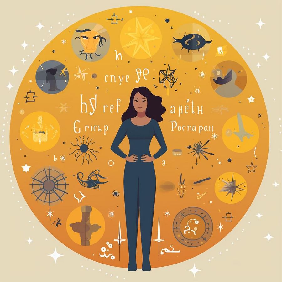 A person standing confidently, surrounded by positive words associated with their zodiac sign